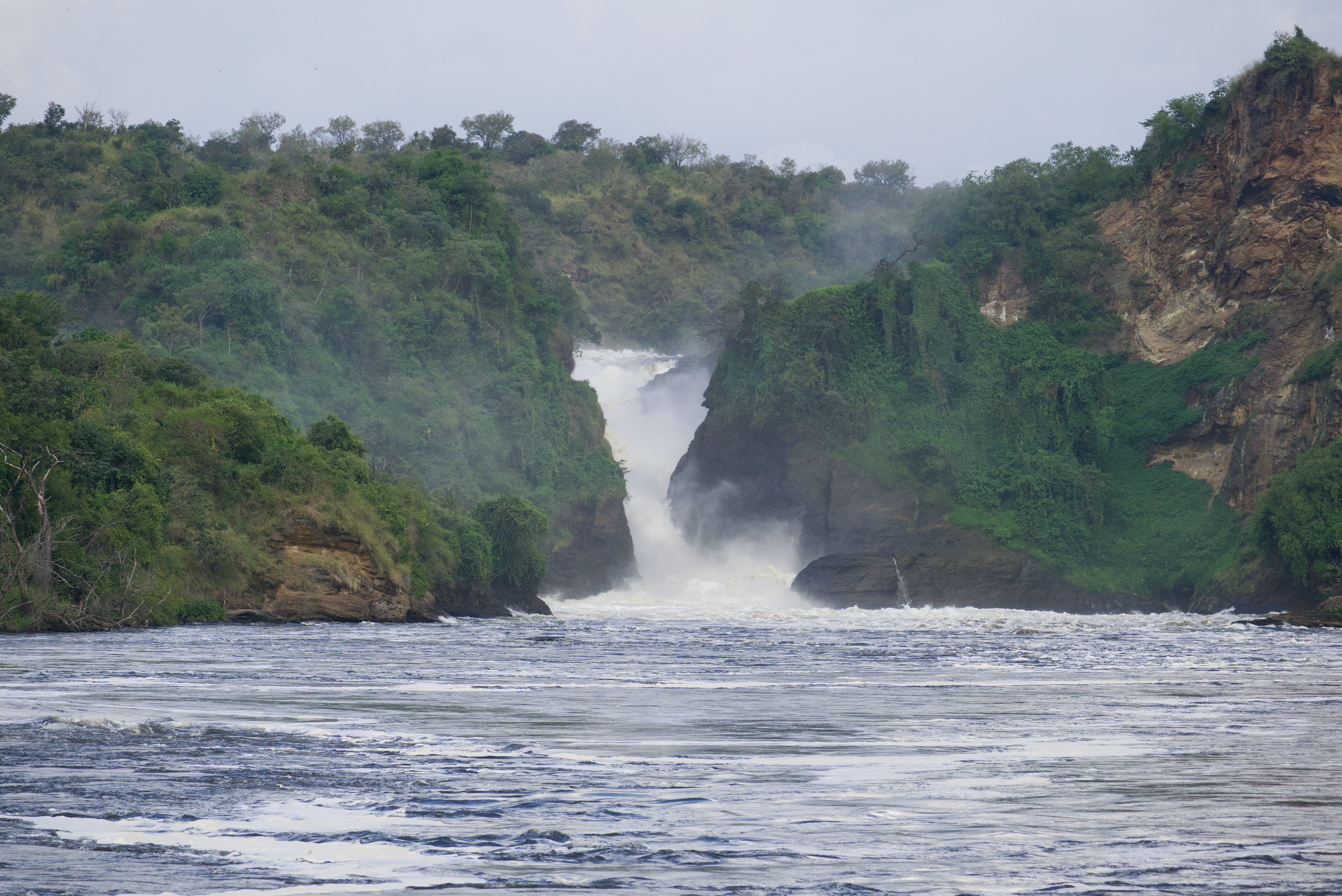 A wide view of the River Nile sorrounded by green vegetation at Murchison falls in Uganda